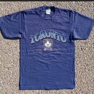 Vintage 90s Toronto Maple Leafs Trench T-Shirt Medium Made in Canada NHL Striped
